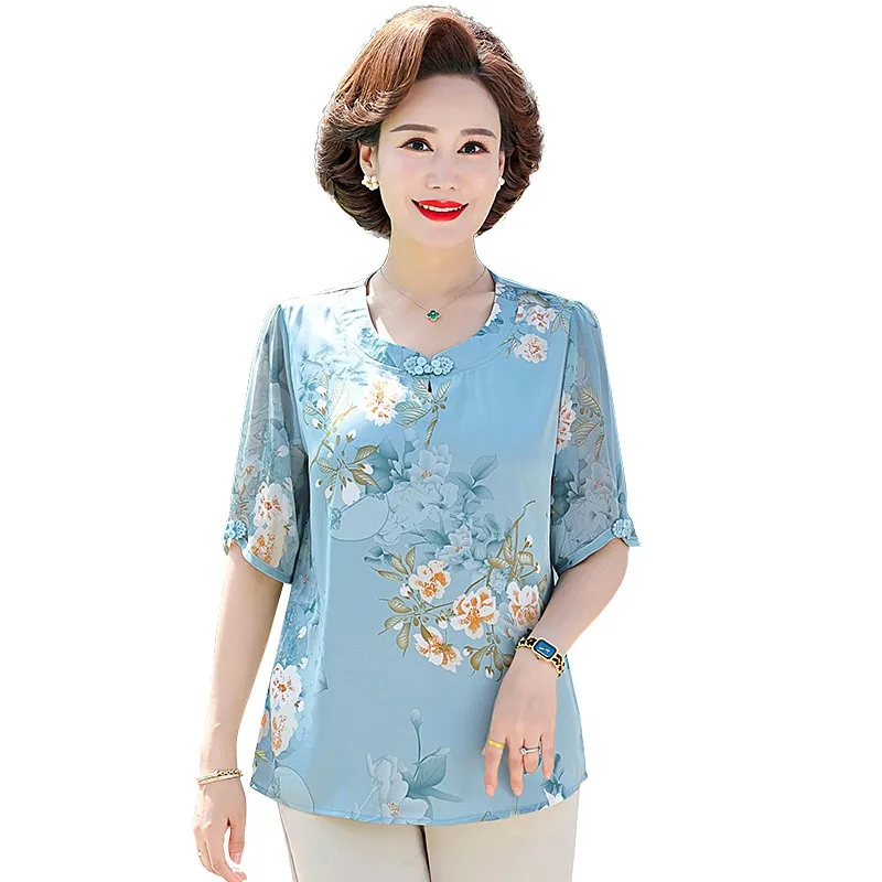 Elegant Women Blouses Tops Women\'s Summer Short sleeve Casual Print Simple Loose Round Neck Imitation silk Button Shirt