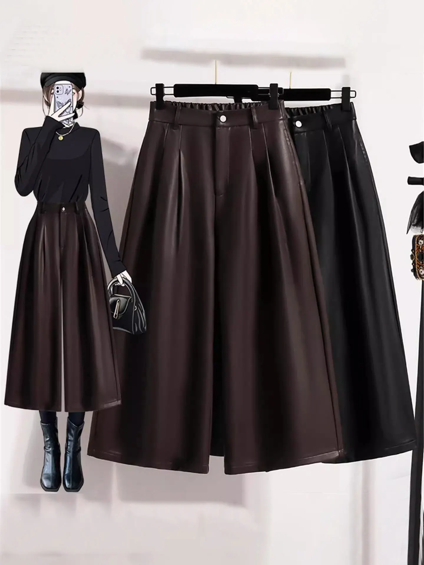 

Ele Brown PU Leather Wide Leg Pants for Women Autumn Winter plus Size Sli Suit Sle Trousers Casual Comfortable Fit