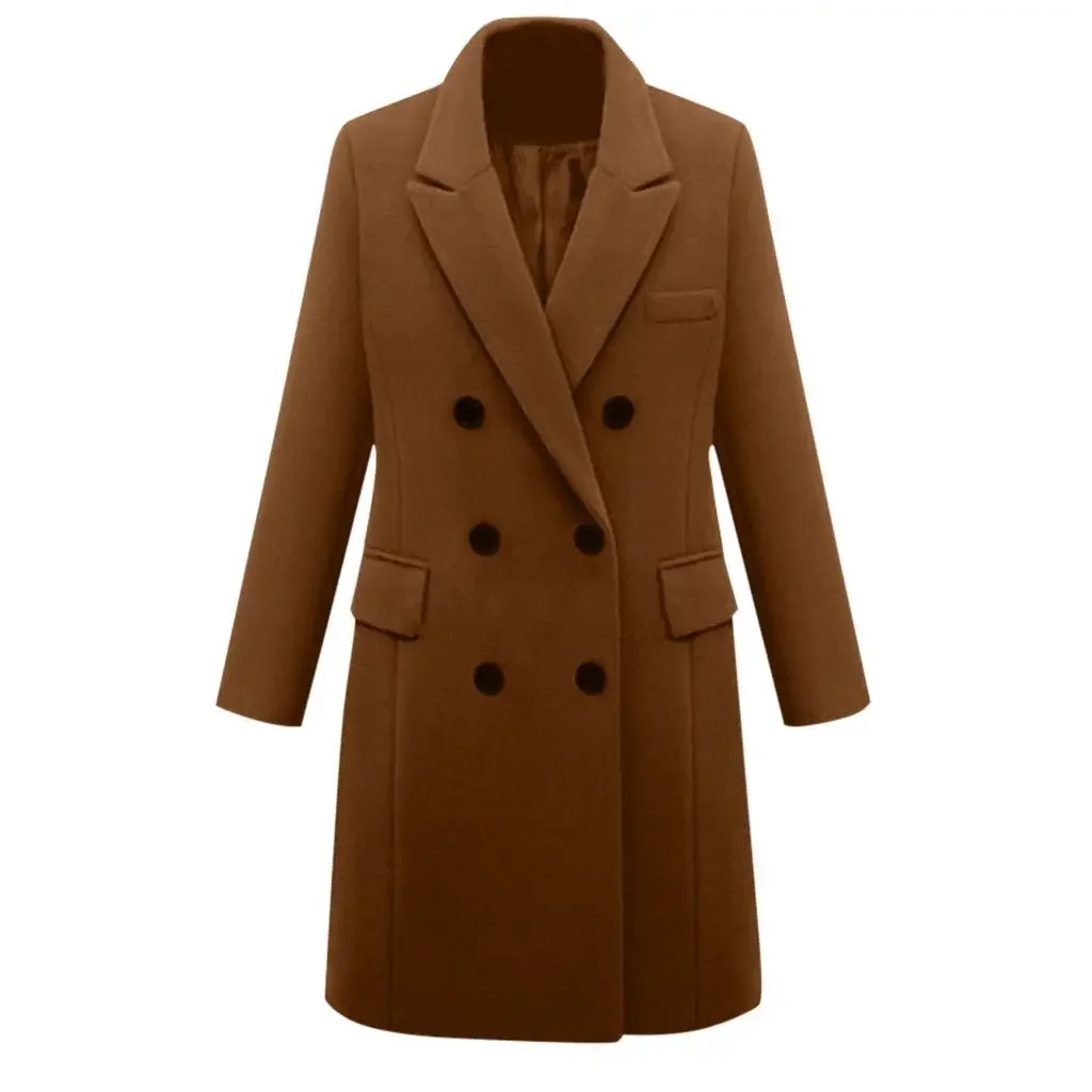 Mid-Length Woolen Women\'s Coat Double-Breasted Woolen Coats Trench Solid Color Autumn Winter Warm Outwear