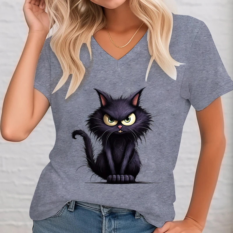 2024 Summer V-Neck T-Shirts Women 3D Animal Angry Cat T Shirt Fashion Casual Short Sleeve Shirt Harajuku Style Anime Kitten Tees