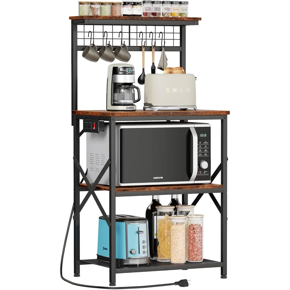 

Kitchen Bakers Rack with Power Outlet, Microwave Oven Stand with Storage 4 Tiers, Coffee Bar Table with 6 S Hooks