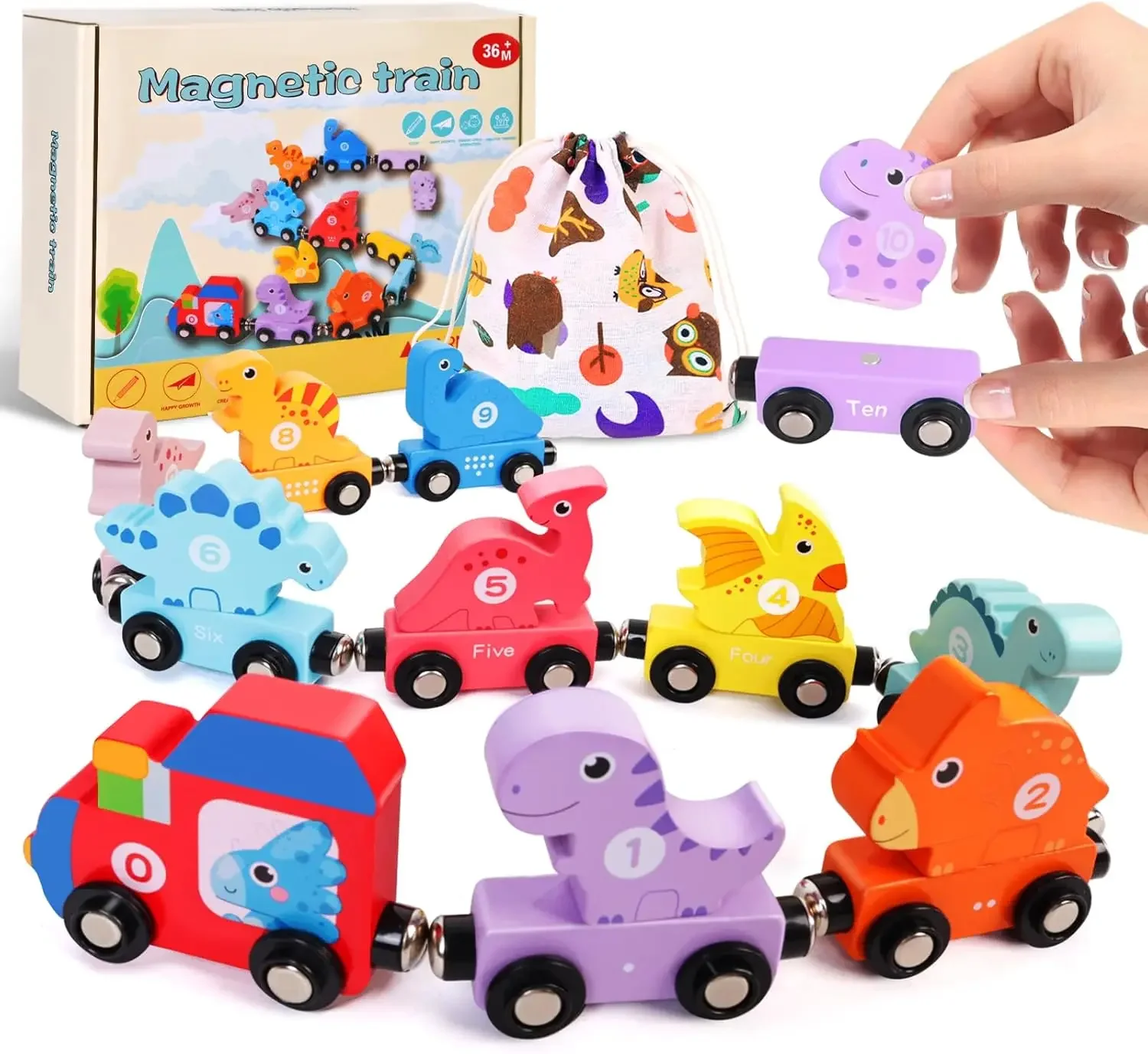 

Игрушки-динозавры для детей 3-5 лет, 21 шт. Магнитный деревянный поезд, игрушки-блоки-динозавры, соответствующий номер и цвет, Монтессори для малышей