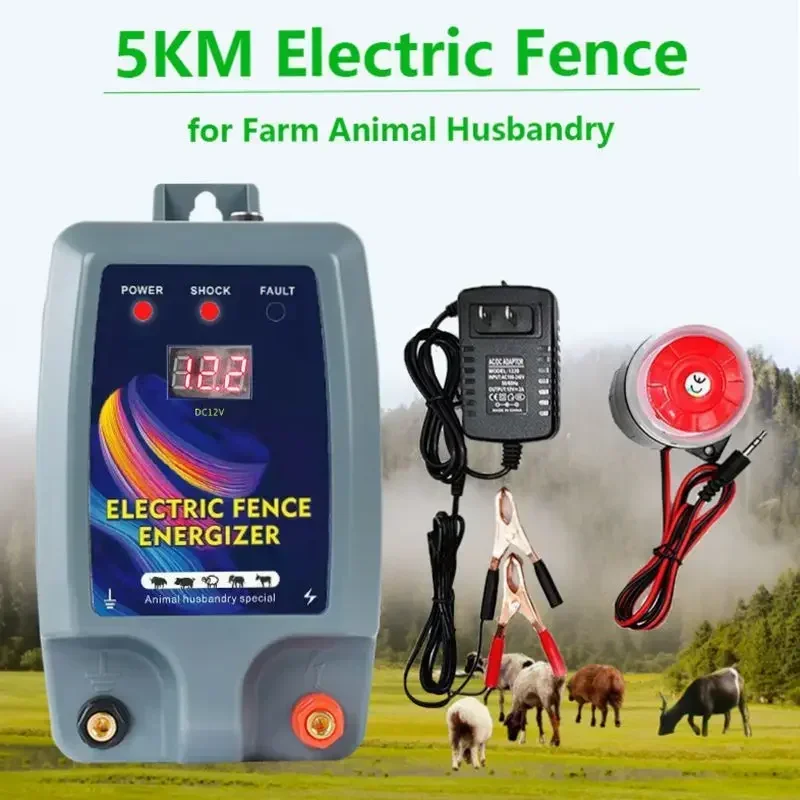 5KM Electric Shepherd Energizer Livestock 1.5-2 Joule Solar Charger High Voltage Pulse Control Electric Fence for Animals Farm