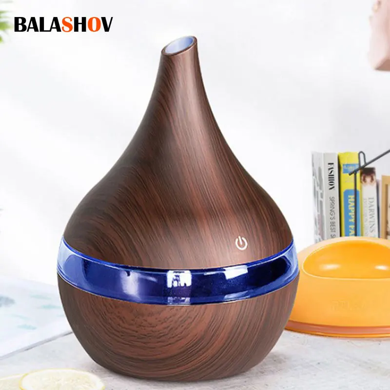 

300ML Mini USB Ultrasonic Air Humidifiers Electric Aroma Diffuser Mist Wood Grain Oil Aromatherapy 7 Color Light for Home Office