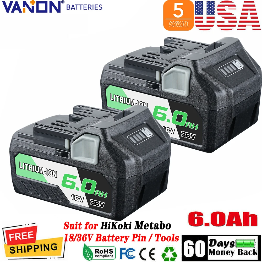 

VANON 2Pcs 3.0/6.0Ah BSL36B18 Li-on Replace for Metabo HPT 18V/36V（Hitachi） MultiVolt 371751M 372121M BSL36A18 for Tools