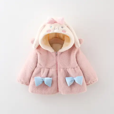 여아 및 아동용 모피 코트, 아기 만화 토끼 귀 따뜻한 코튼 코트, 가을 및 겨울 신상