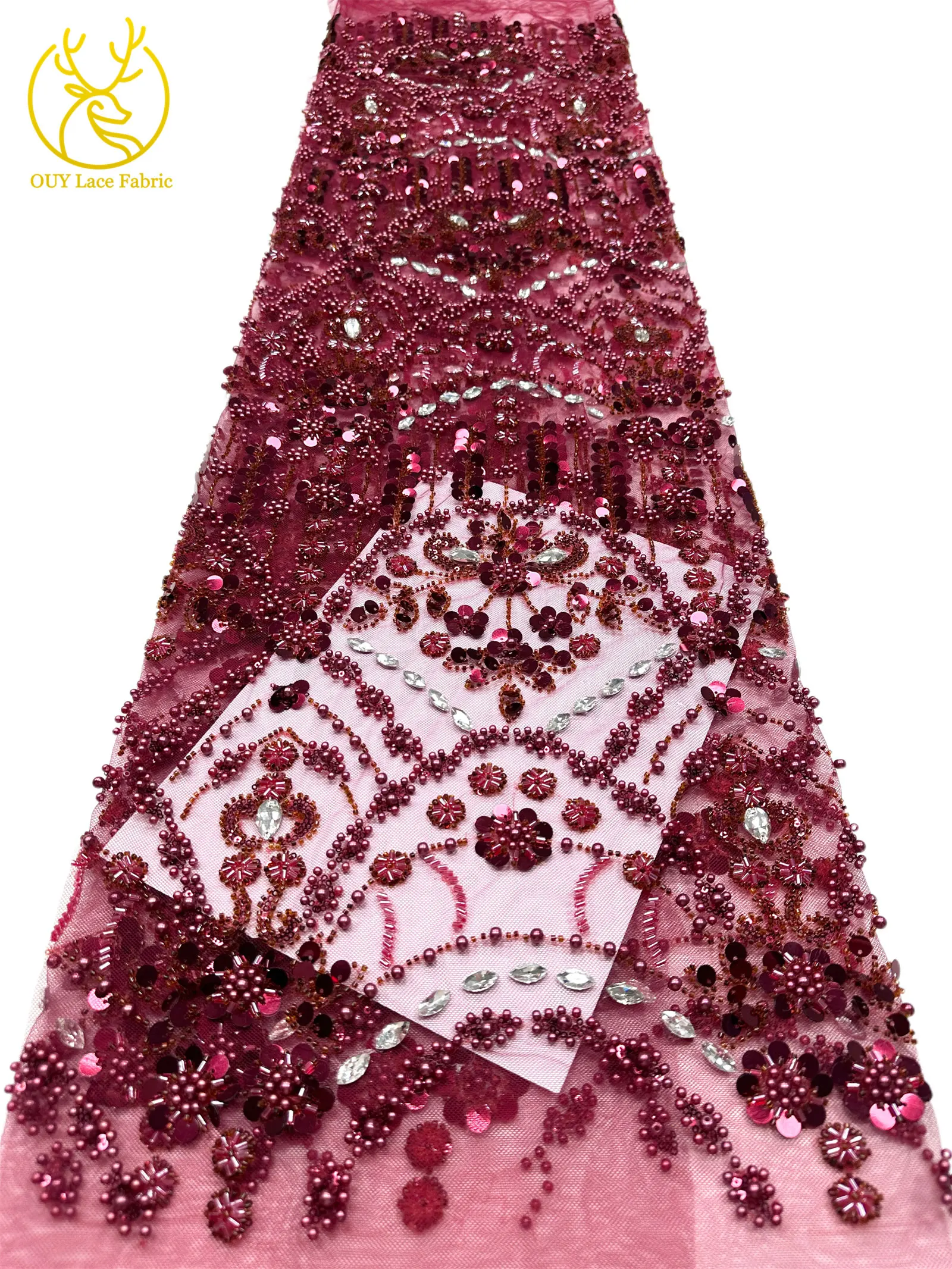 Afrikanischer Spitzenstoff in Traubenlila, französische Pailletten, bestickte Spitze, glitzernde Strass-Spitze für Brautkleider zum Nähen – Detail 21