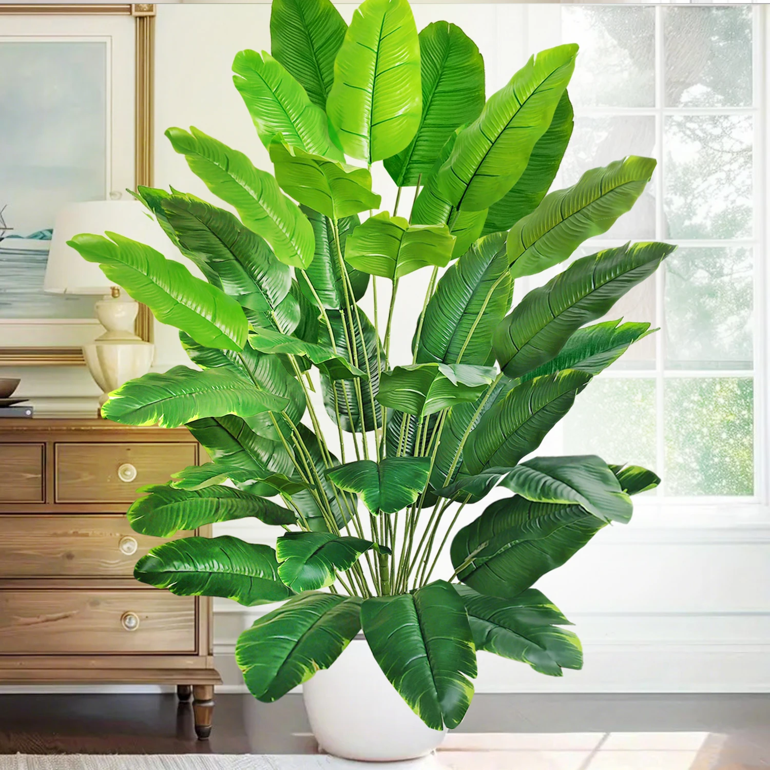 55-142cm/55,9 Zoll Große Tropische Palme Künstliche Bananenpflanze mit Blättern in Echt-Optik Strelitzia Reginae Kunstpflanze für Zuhause – Detail 3