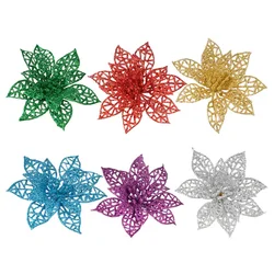 (6pcs/pack) Mixed Colors Artificial Christmas Tree Flower Glitter Decorations Xmas Ornaments New Year Gift