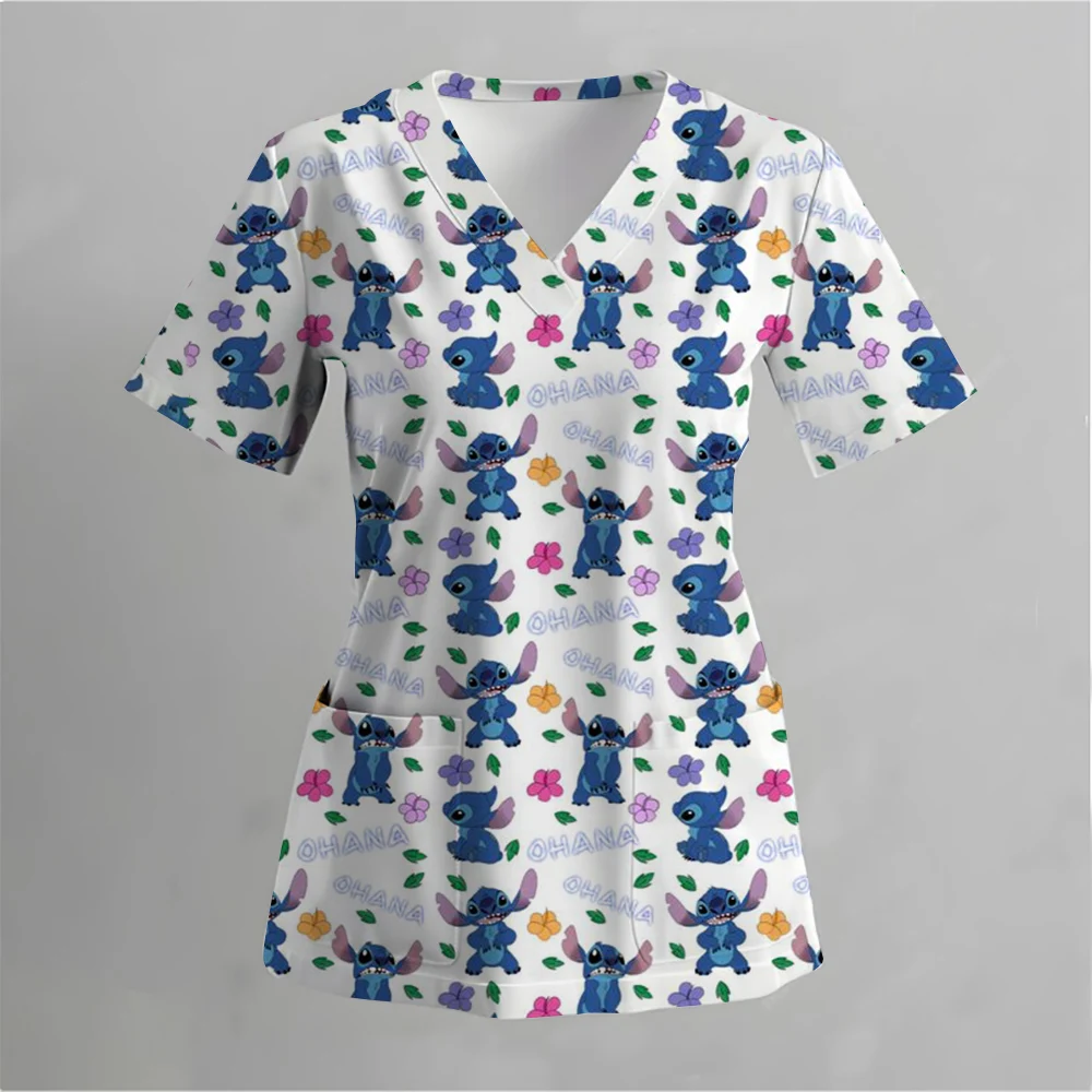 طباعة ديزني ميكي ستيتش الزي الطبي للنساء ممرضة الملحقات الزي السريري طبيب الأسنان بلوزة العمل البيطري سبا فرك القمم #5