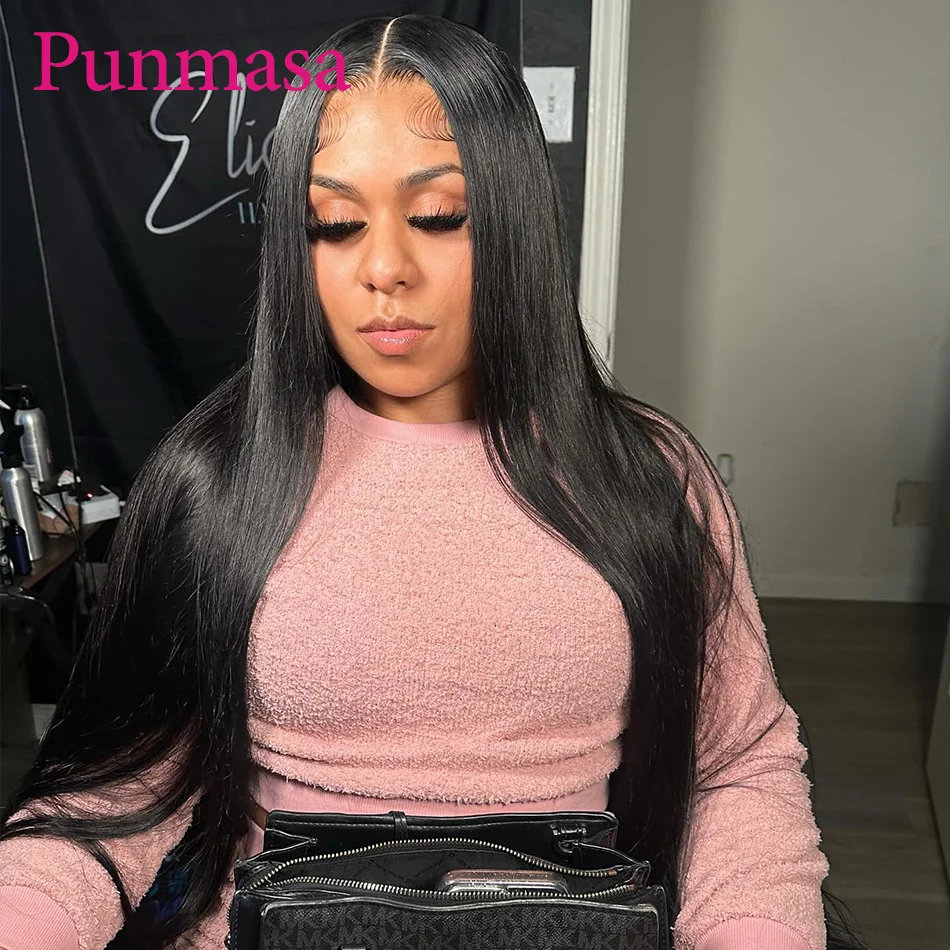 Punmasa Hair Bone Straight Red Colored 13x6 Lace Frontal Wigs 5x5/13x4 Transaprent Lace Wig PrePlucked 200% Density 34 Inches