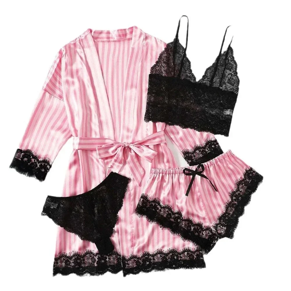 4Pcs Set Sexy Pajama Pants Home Clothes Women Summer Fashion and Soft Comfortable Nightwear Lace Satin with Silk Sleepwear Robe