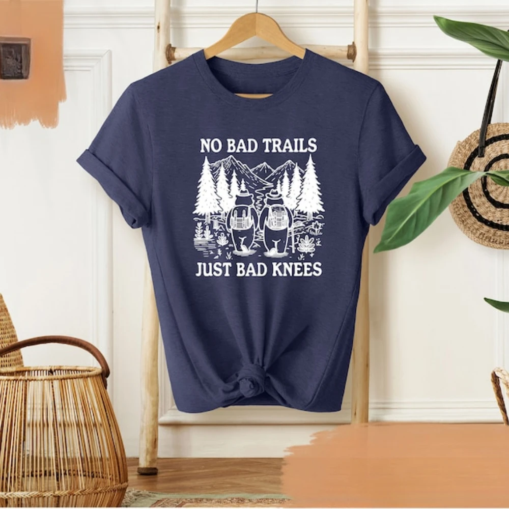 No Bad Trails Just Bad Knees Shirt Funny Hiking Nature Lover Clothes Family Camping Shirt Short-sleeve Round Neck Regular Fit