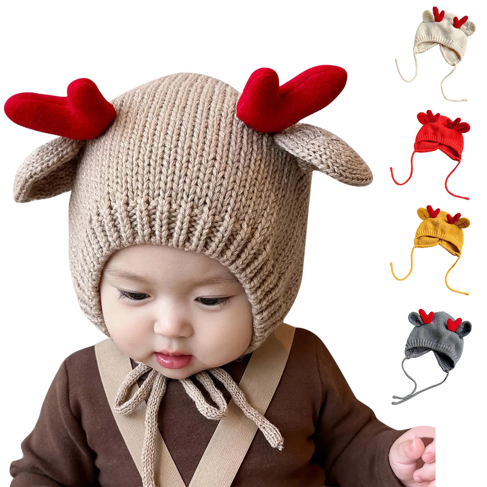 Christmas Elk Deer Antlers Baby Hat Winter Warm Plush Knitted Children Deer Warm Outwear Baby Cap Christmas Toddler Knitted Hats