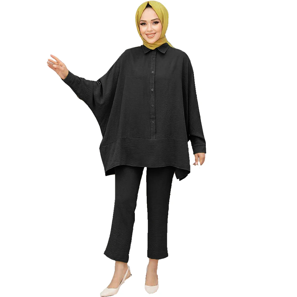 

Muslim Set for Women Blouse 2 Piece Set Batwing Sleeve Shirt Wide Leg Pant Suits Saudi Arabic Dubai Dresses Autumn Solid Color