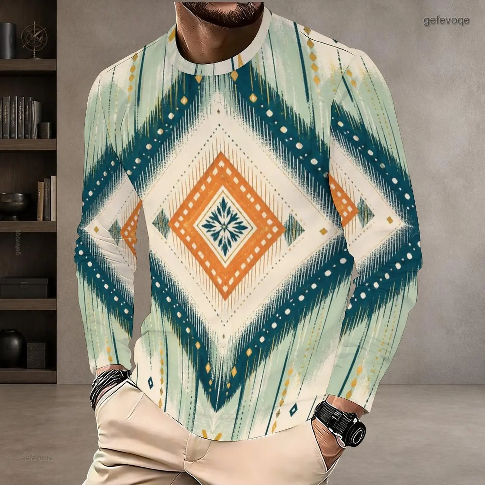 Men Mint Green Teal Orange Off White Geometric Diamond Ikat Print Round Neck Long Sleeve T-Shirt