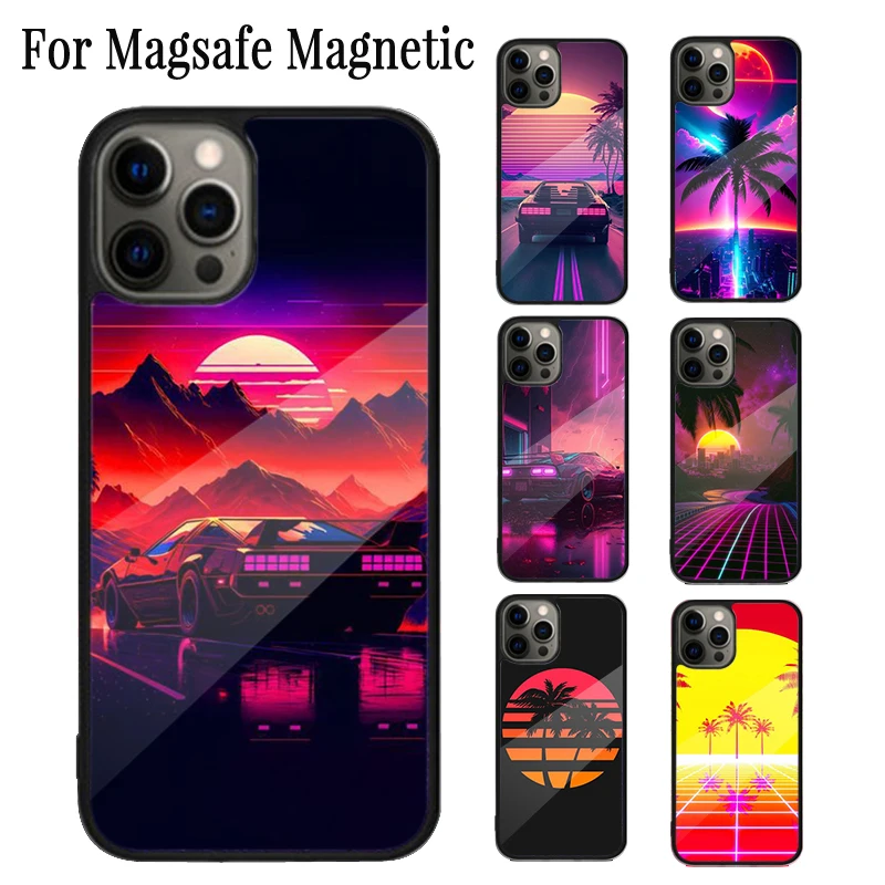 Synthwave 80's Retro Neon vaporwave Magnetic Phone Case For iPhone 16 15 14 Plus 13 12 11 Pro Max Magsafe Wireless Cover