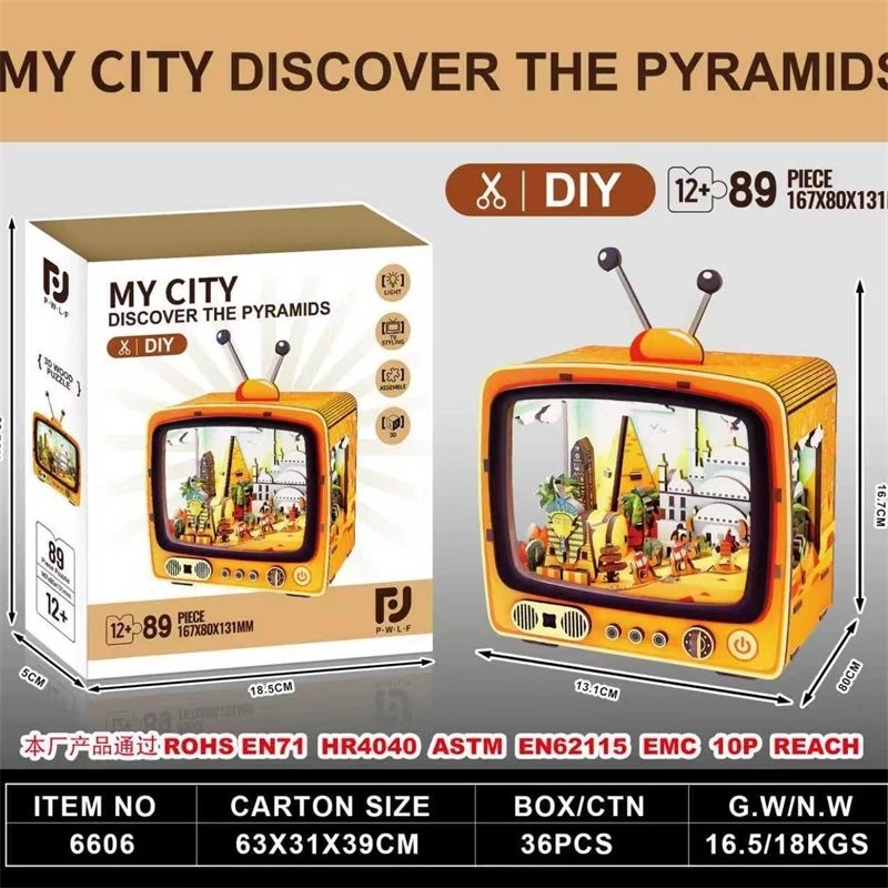 DIY Houten TV Puzzel Model 89PCS Handgemaakte Retro Montage Speelgoed Met Verlichting Architectonisch Ornament Cadeau Voor Volwassenen Kids Decor