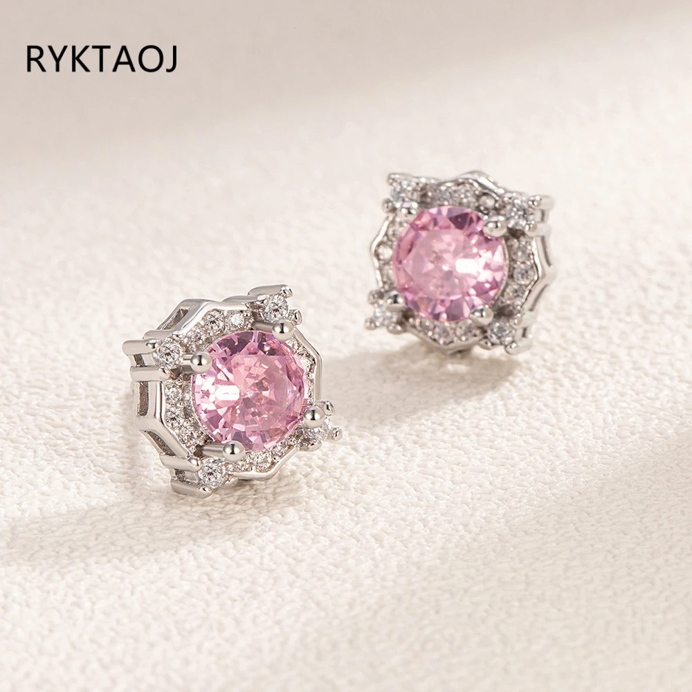 925 Sterling Silver Octagon Halo Pink Cubic Zirconia Stud Earrings for Women Round Cut CZ Paved Earring Luxury Fine Jewelry Gift