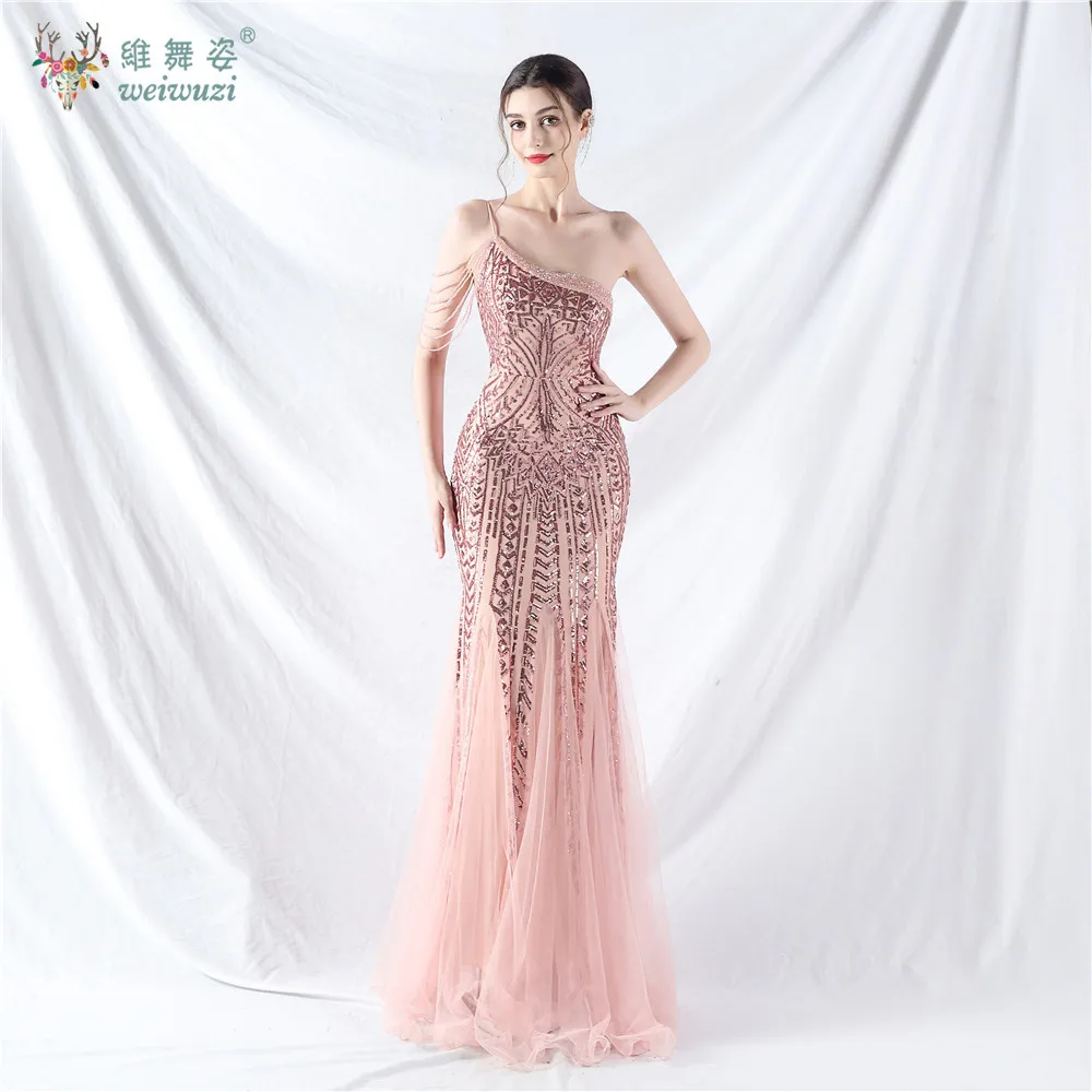 Sukienka wieczorowa na jedno ramię, cekinowa, długa, typu rybka, z kryształkami, koralikami, wzorem sznurkowym, obcisła, koronkowa, z tiulowym dołem, suknia formalna.