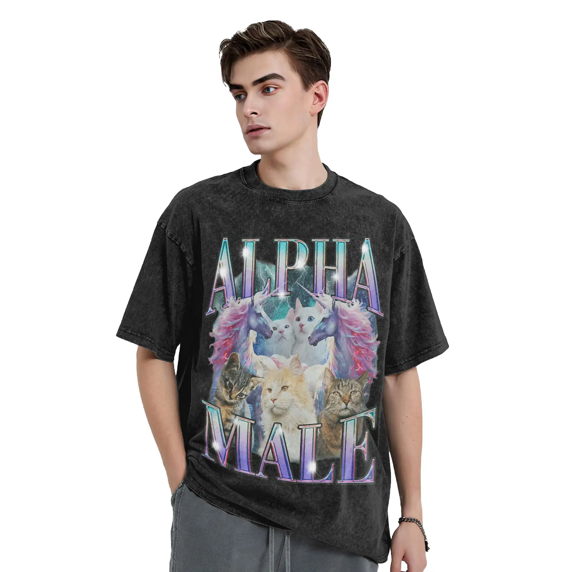Alpha Male Unicorn Cat Men T Shirts Washed  Vintage Tee Shirt Short Sleeve Crew Neck T-Shirts 100% Cotton Gift Idea Clothes