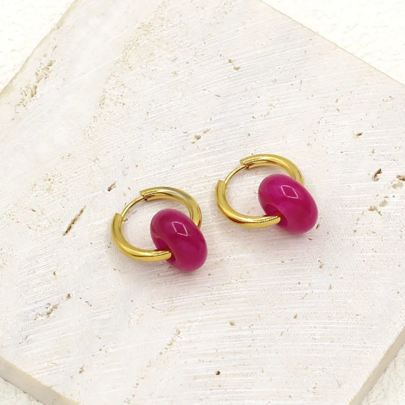 Natural Stone Pink Quartz Tige Eye Agate Doughnut Shape Stainless Steel Hoop Earrings Women Fashion Reiki Healing Jewelry Gift