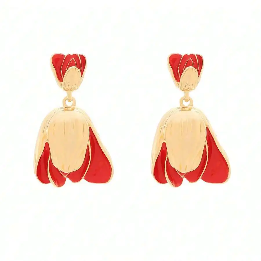 

Vintage Floral Drop Earrings For Women, Red And Gold Tone Tulip Design