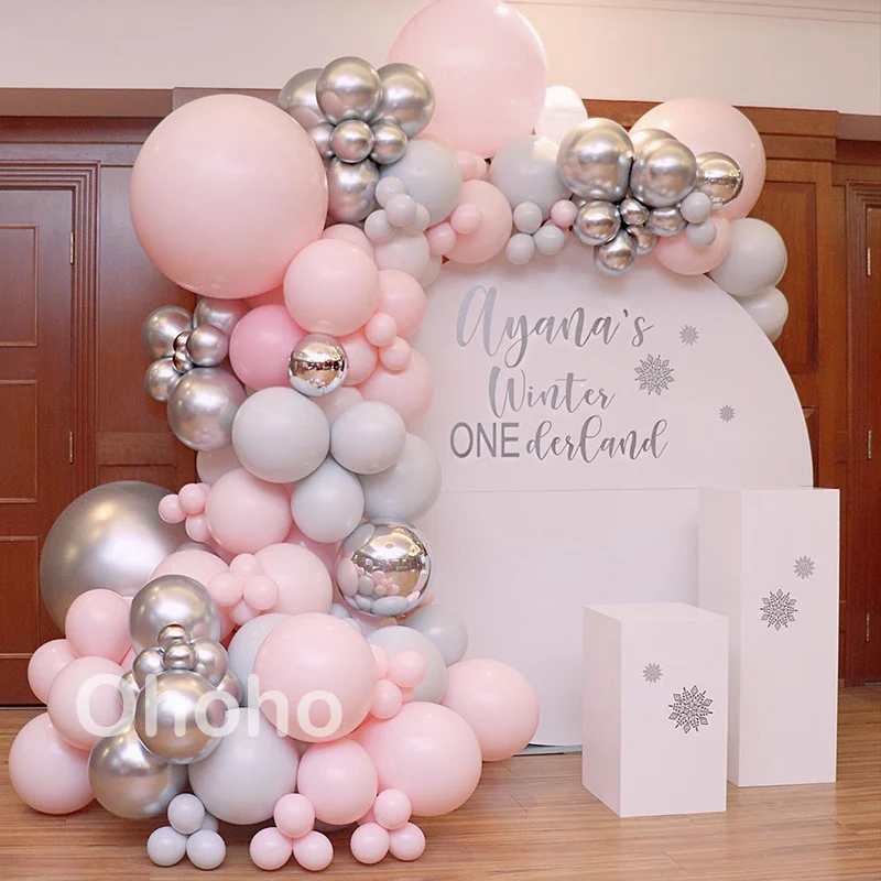 Pastel Grey Pink Balloon Garland Arch Kit Girl One Birthday Decoration Baby Shower Wedding Party Baptism Christening