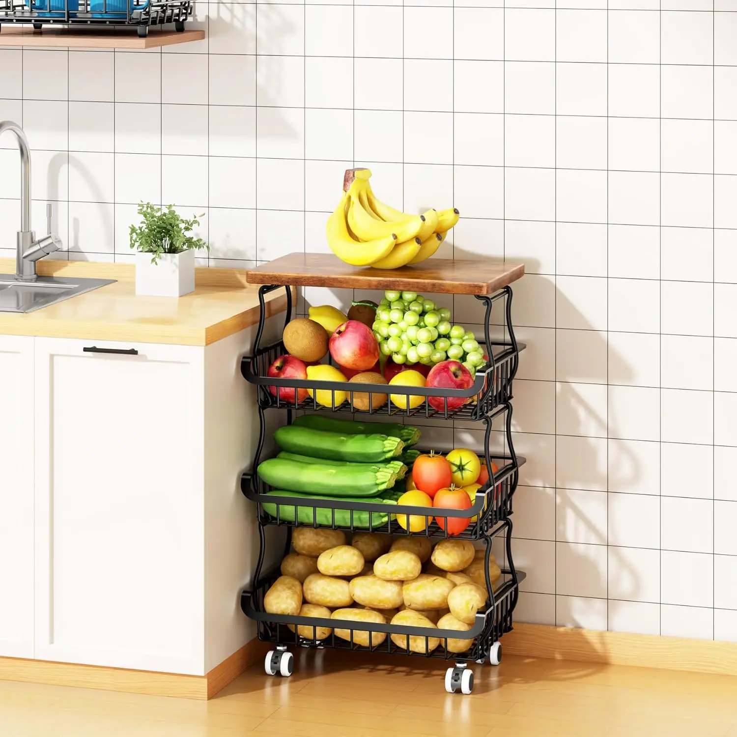 

4-Tier Stackable Metal Fruit Vegetable Basket with Wheels, Kitchen Pantry Storage Cart