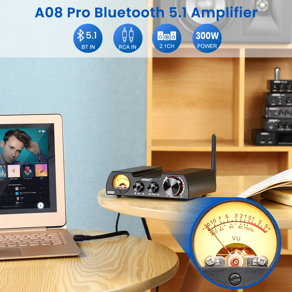 AIYIMA A08 Pro TPA3255 QCC5125 Amplifier Bluetooth 5.1 ATPX-HD Amplifier Digital Stereo 300W × 2 Sistem Home Theater dengan Meter VU