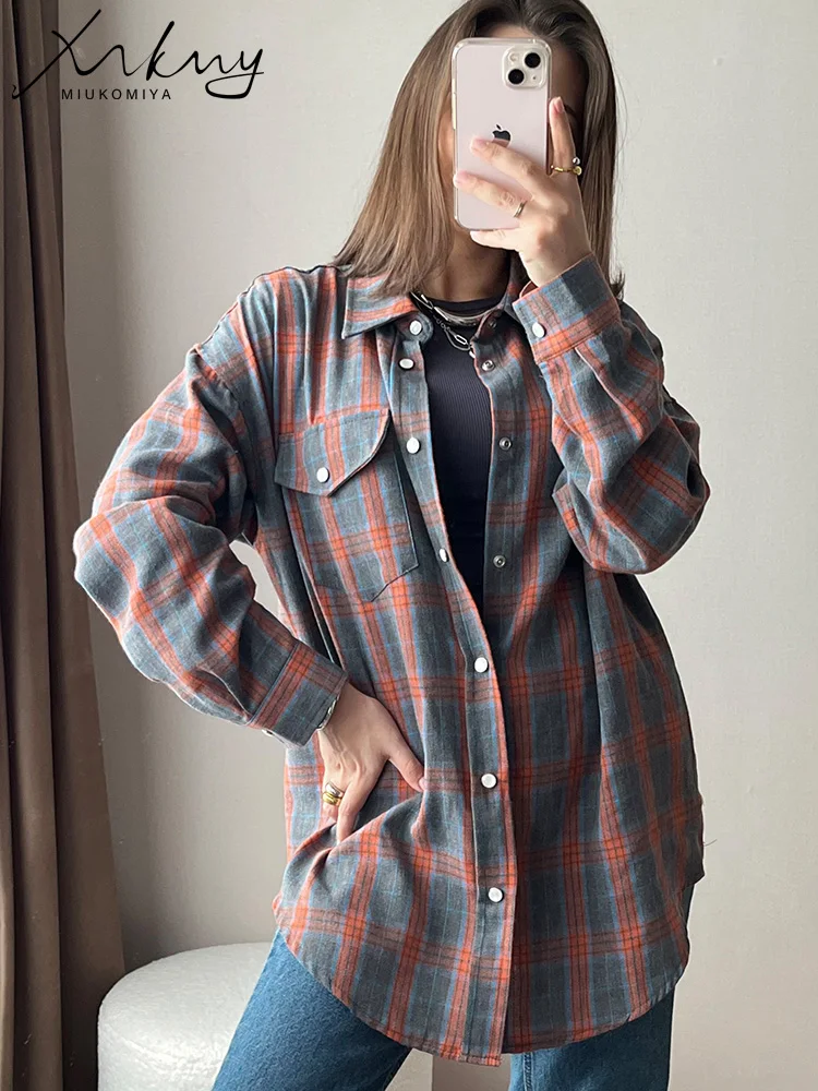 MiuKoMiYa Oversize Plaid Cotton Shirts Women Spring Summer Loose Blouses Woman 2024 Vintage Plaid Shirt For Women Oversized Tops