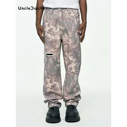 Tree Leaves Camouflage Faded Knife-cut Jeans Men Hip Hop Y2k Men’s Jeans