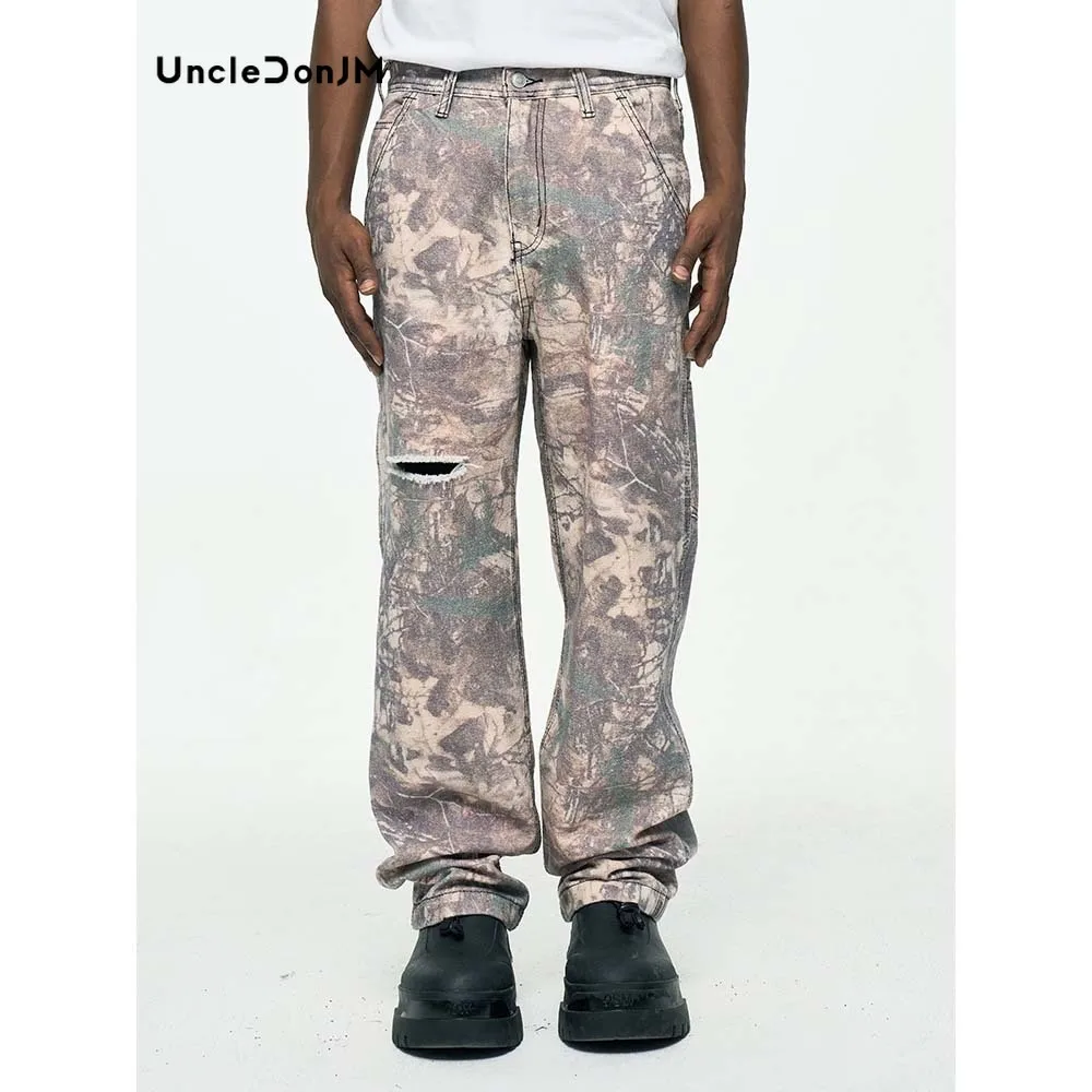 Tree Leaves Camouflage Faded Knife-cut Jeans Men Hip Hop Y2k Men’s Jeans