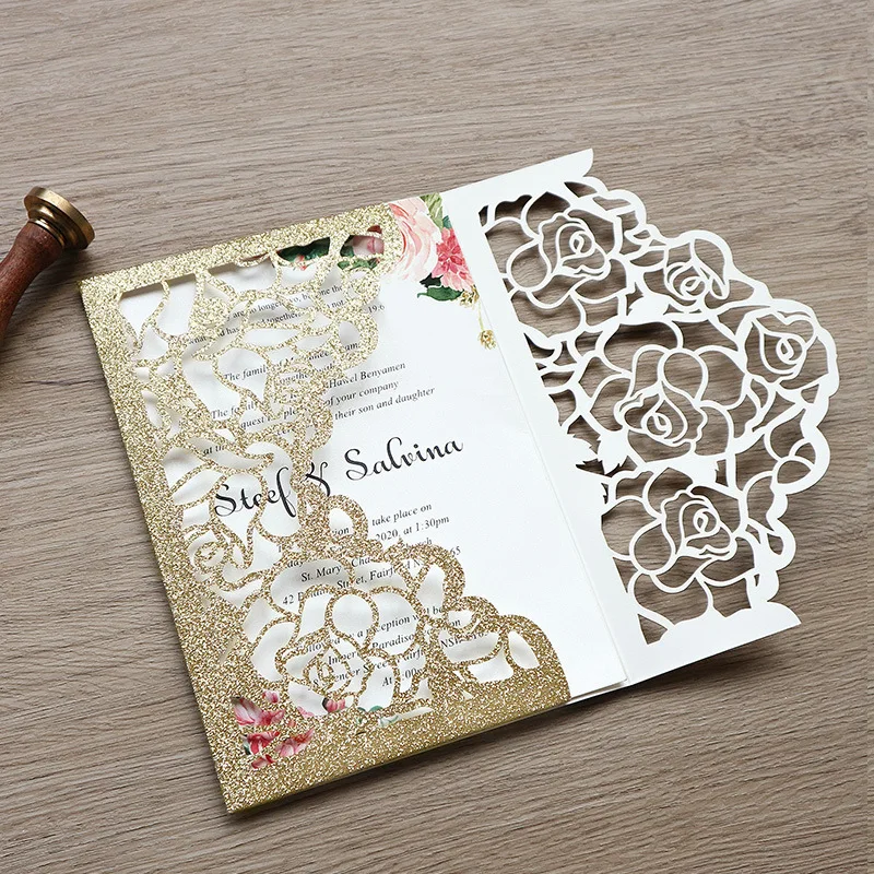 100 Pieces Laser Cut Rose Gold Glitter Pocket Birthday Invitation Card Personalized Print Business XV Wedding Invite Card IC150