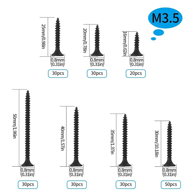 ABKO-220Pcs Juego de tornillos de cabeza plana M3.5 de acero al carbono, kit surtido esencial para tornillo cruzado autorroscante