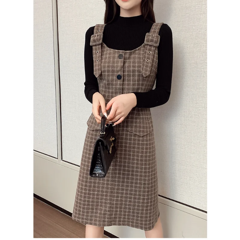 

Small Fragrant Plaid Strap Dress Set 2023 Autumn Korean Long-sleeved O Neck Knitted Bottoming Shirt +dress Two-piece Women Suit