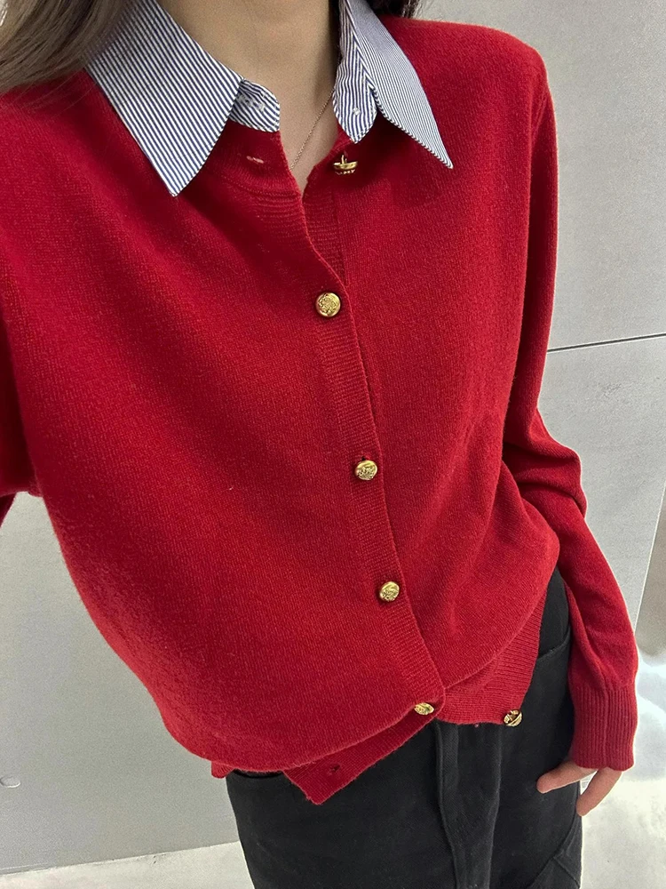 

Sli ort Svel Knitted Sweater with Metal Bule Ele Sweet Versatile Long Sve Open Cardigan Korean Sle Wor...