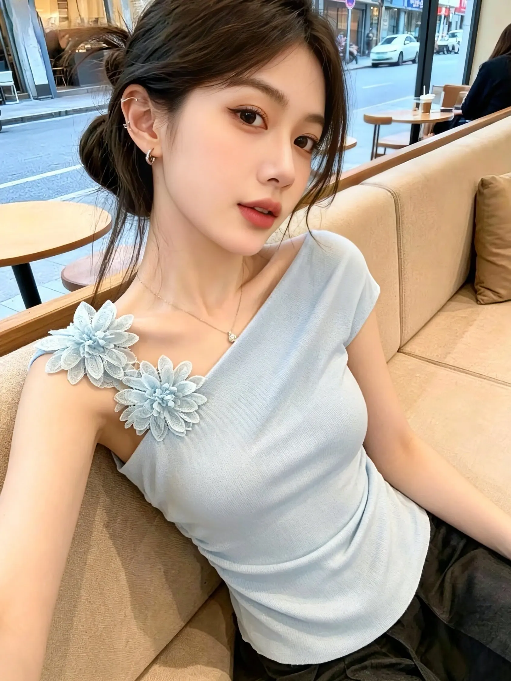 

Stunning Knitted Short Sleeve Top Sweet Splice Flower Slant Collar Summer New Style Elegant Self-Preservation Korean Version ...
