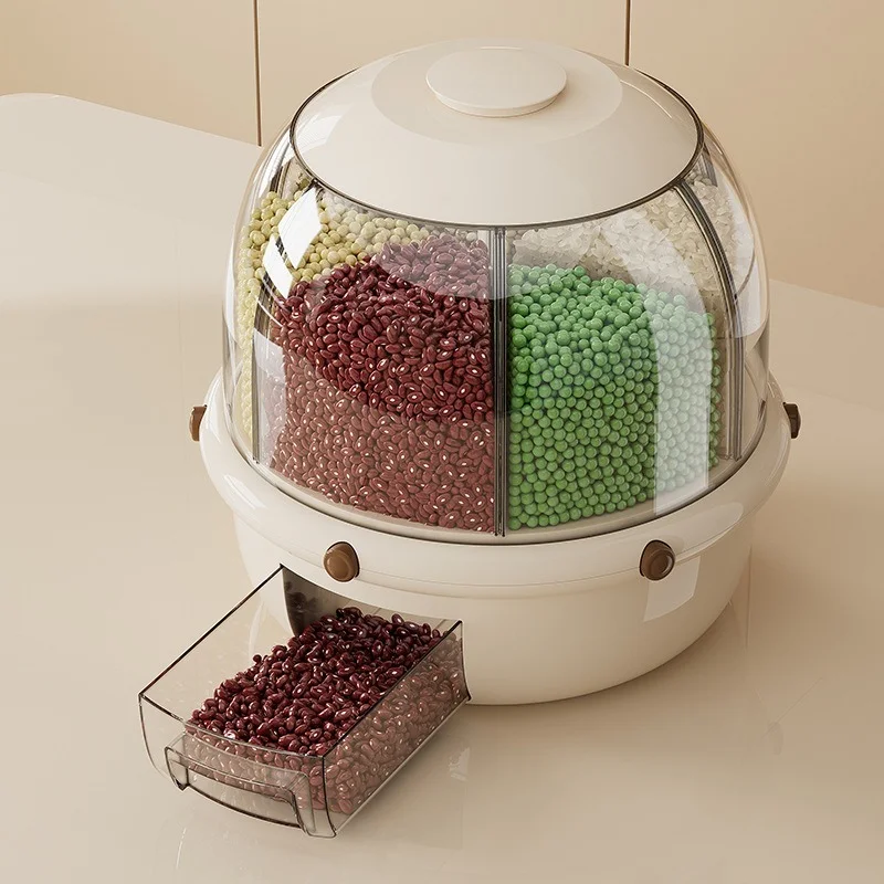 

Round Shape Dry Food Beans Bins Rice Dispenser Bucket Rotating Storage Box Kitchen Grain Container Cereal Dispenser
