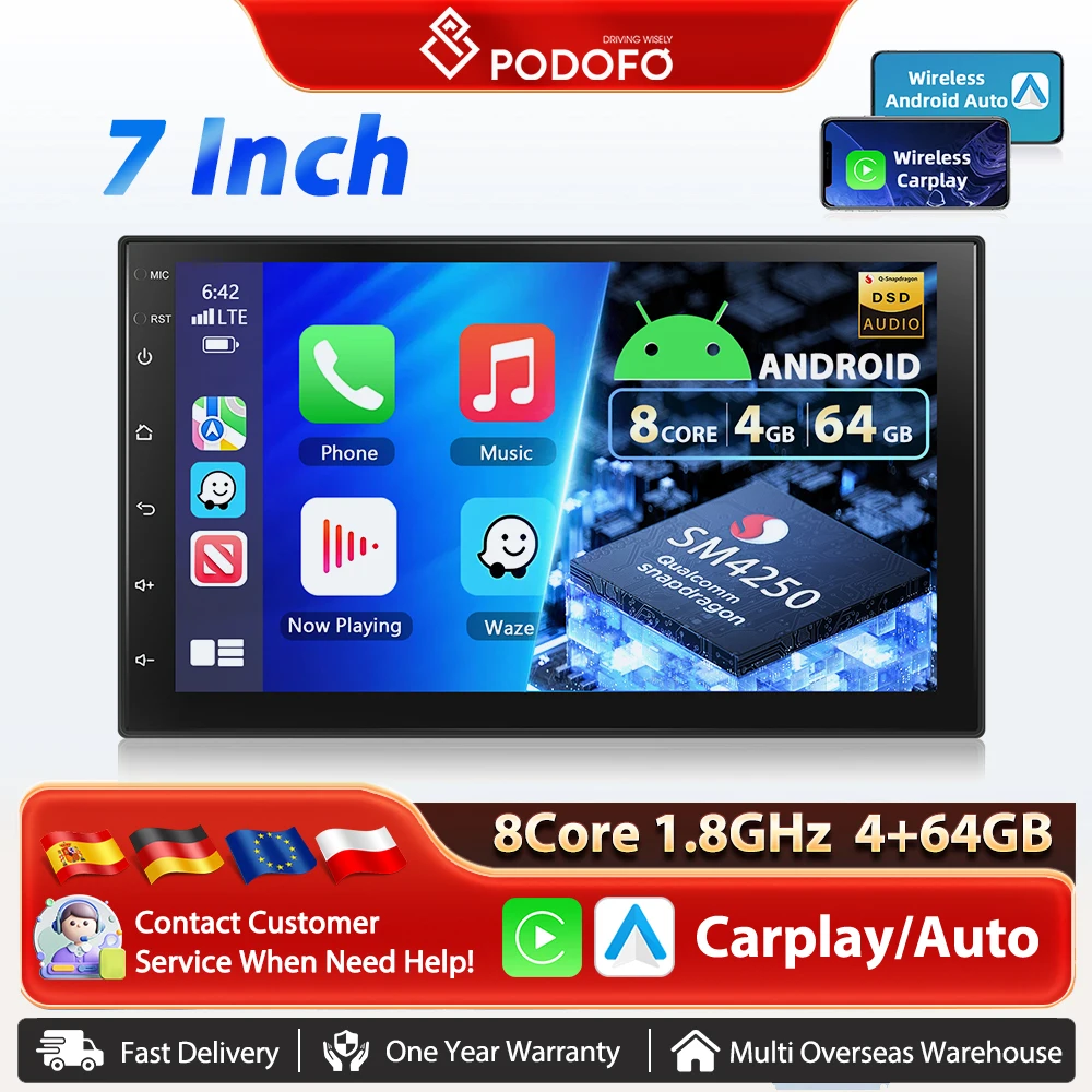 Podofo, autoradio universale con schermo da 7 pollici, processore a 8 core, connettività wireless Carplay e Android Auto, sistema multimediale per auto, navigazione GPS, BT, FM/RDS, sistema