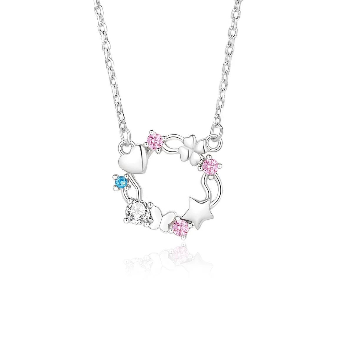 

S925 Silver Love Garland Necklace for Women Lucky Pink Love Zircon Forest Fresh Clavicle Cross-Border Hot Sale Gift Idea