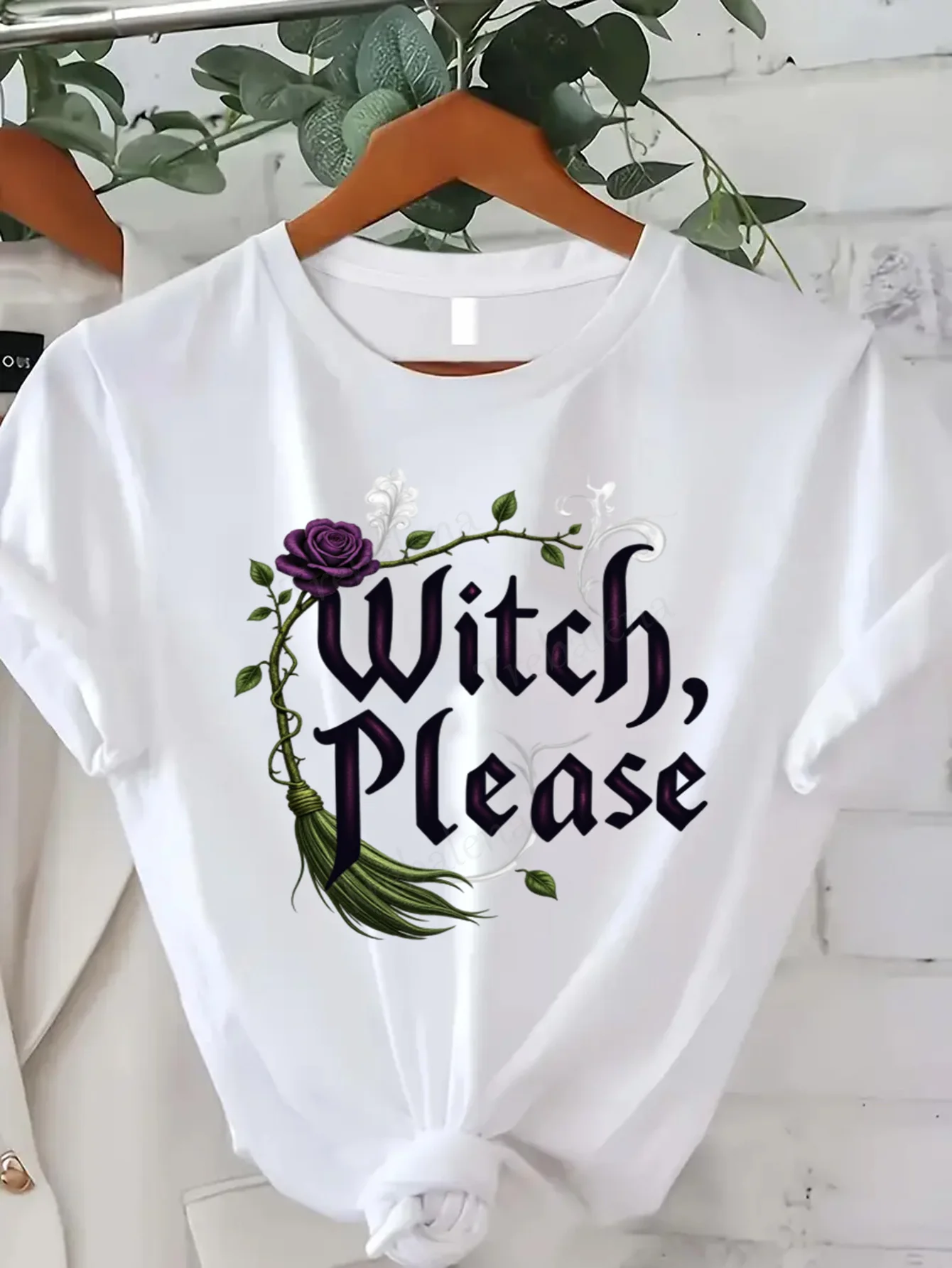 Round Neck T-shirt Witch Please Gothic Rose T-Shirt Women's Plus Size Halloween Magic Style Short Sleeve Tee Fashion Casual Top
