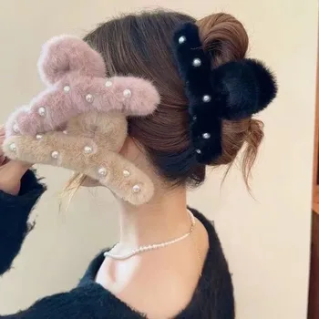 Yhj 14cm grande pérola pele sintética garra de cabelo doce elegante caranguejo grampo de cabelo tubarão outono inverno acessórios de cabelo para mulheres meninas