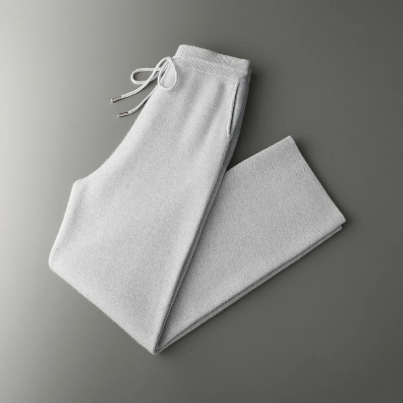 New 100% Cashmere Elastic-Waist Thickened Wide-Leg Men's Casual Fashion Long Pants Autumn Winter Warm Comfortable Knitted Pants