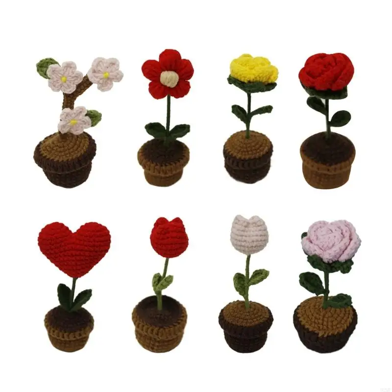 92mf Mała dzianowa roślina doniczkowa ręcznie tkana szydełkowana szydełka kwiat Bonsais Ozdoba Walentynki Prezent ślubny dla