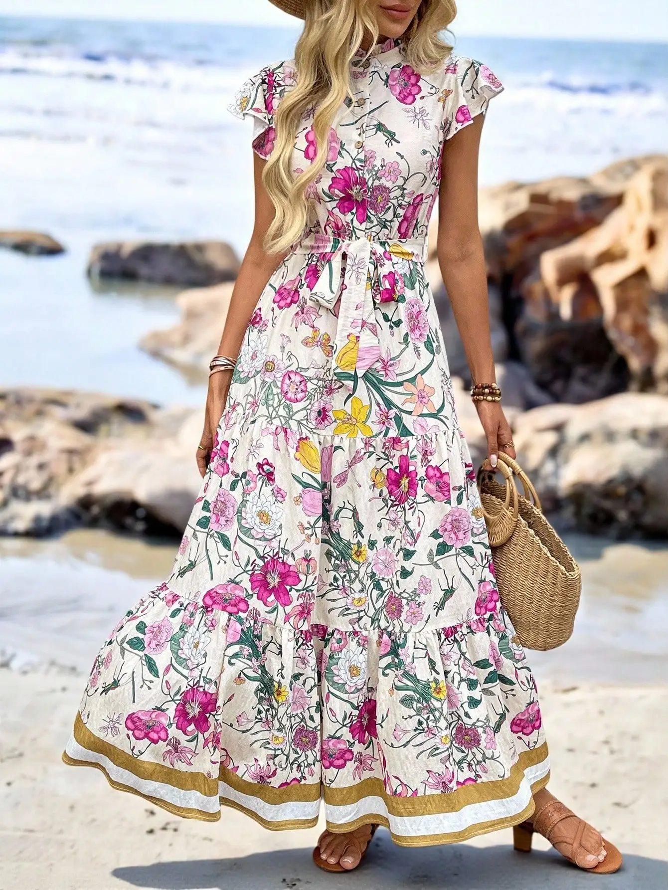 

Floral Print Cap Sleeve Ruffle Hem Maxi Dress with Belt, Bohemian Style