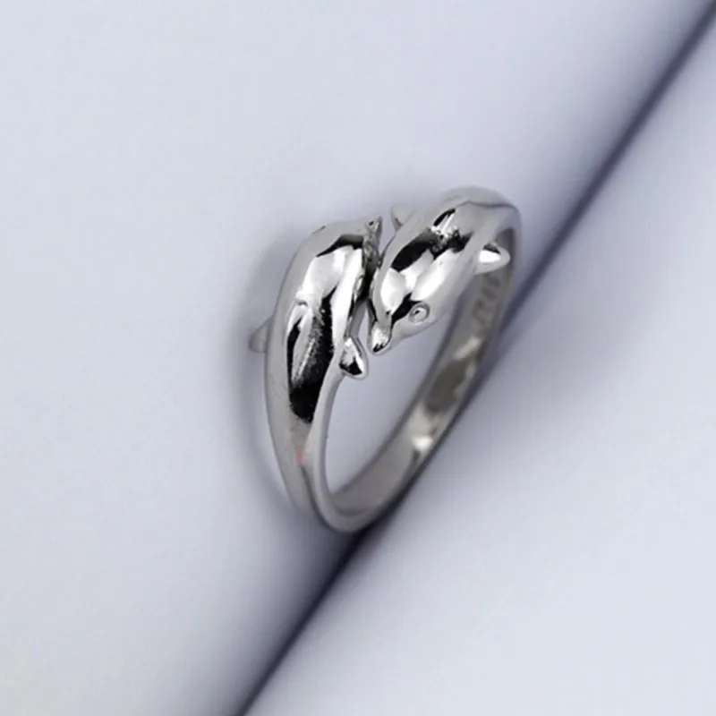 Silver Color Double Dolphin Love Rings for Women Couple Ring Statement Party Jewelry Accessories Gifts