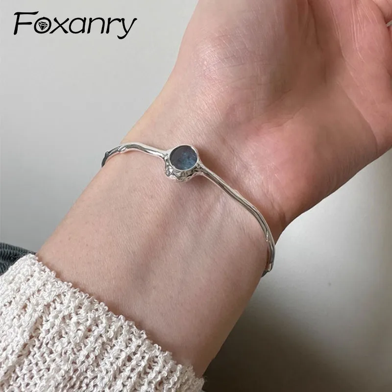 Foxanry Silver Color Blue Crystal Cuff Bracelet For Women Girls New Trendy Elegant Simple Handmade Anniversary Jewelry Gifts