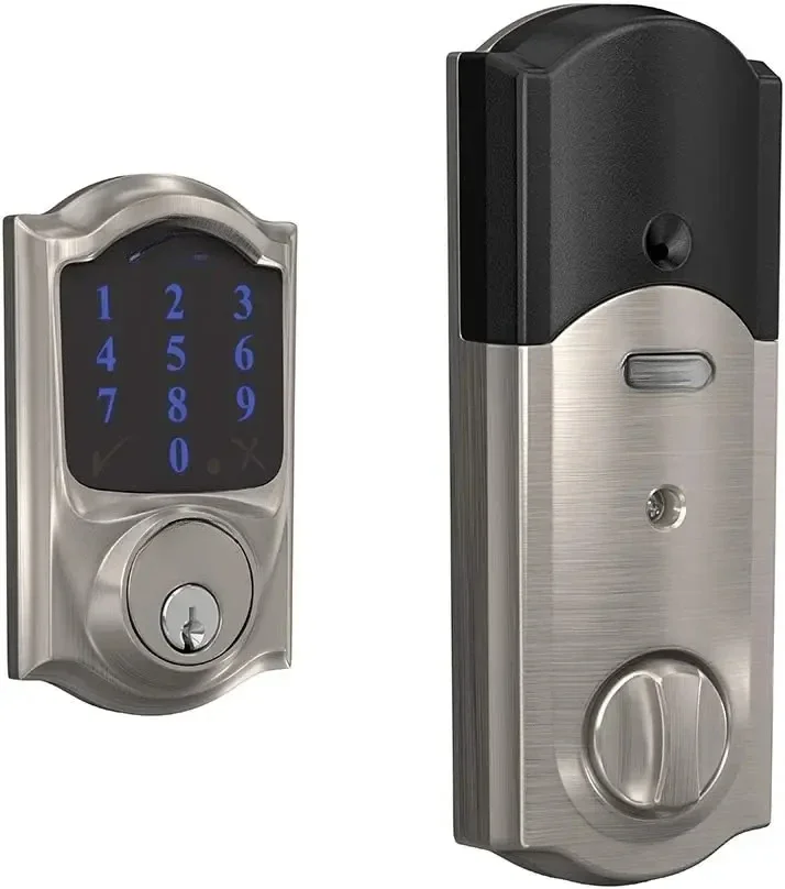 Deadbolt with alarm with Camelot Trim in Satin Nickel, Z-Wave Plus enabled