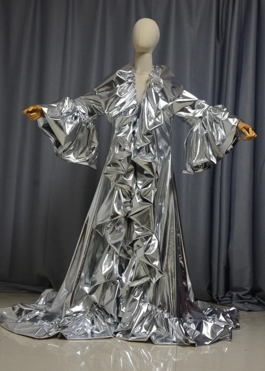Sliver Cape With Volume Puffy Edge, Women Jacket Cloak Fashion Stage Cloak Party Ball Volume Ruffles Edge Cloak Custom Size